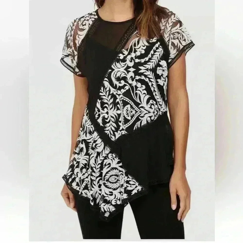 Karen Kane Womens Black Short Sleeve Multi Lace Panel Blouse Top Size Medium